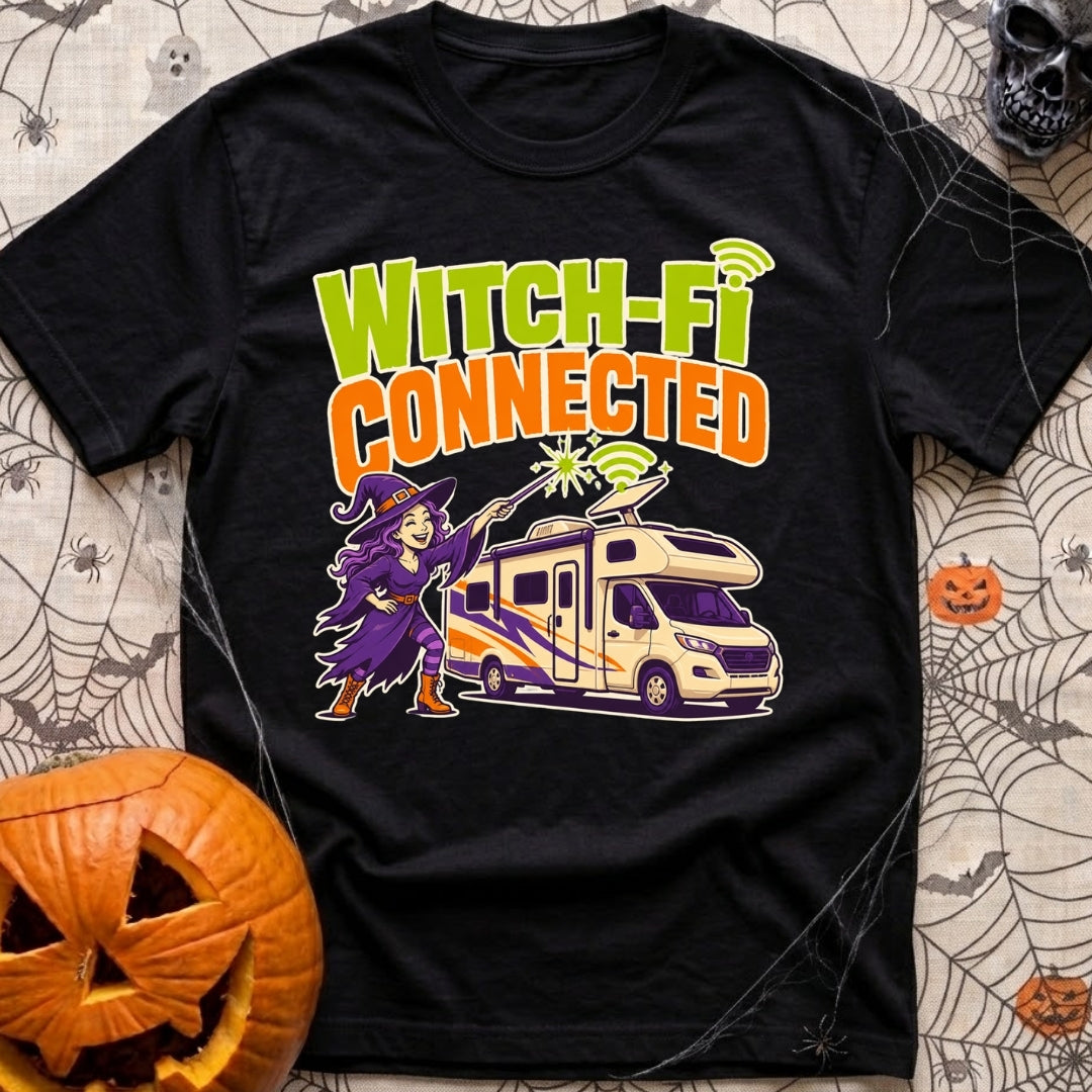 Connected To Witch Fi - T-Shirt in Black - A cartoon witch with purple hair, a purple dress, and a pointy hat points a...