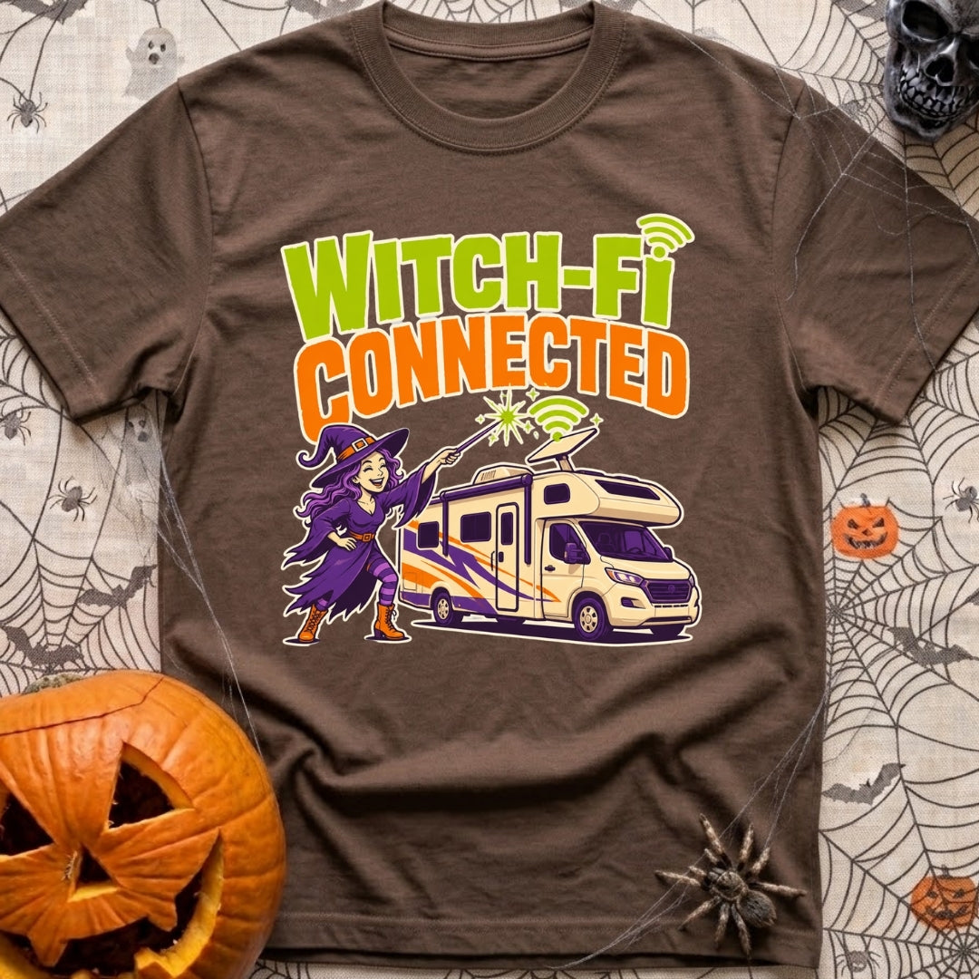 Connected To Witch Fi - T-Shirt in Espresso - A cartoon witch with purple hair, a purple dress, and a pointy hat points a...