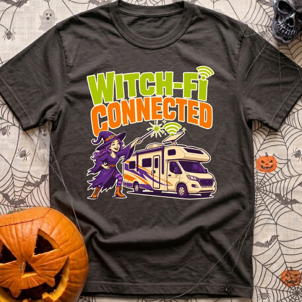 Connected To Witch Fi - T-Shirt in Graphite - A cartoon witch with purple hair, a purple dress, and a pointy hat points a...