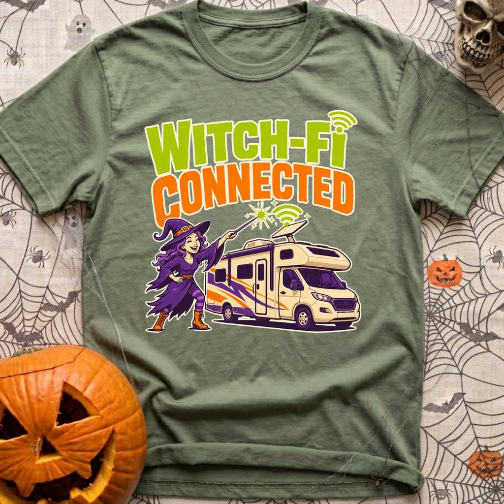 Connected To Witch Fi - T-Shirt in Moss - A cartoon witch with purple hair, a purple dress, and a pointy hat points a...