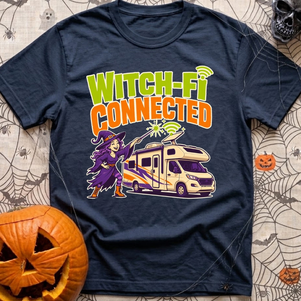 Connected To Witch Fi - T-Shirt in Navy - A cartoon witch with purple hair, a purple dress, and a pointy hat points a...