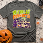 Connected To Witch Fi - T-Shirt in Pepper - A cartoon witch with purple hair, a purple dress, and a pointy hat points a...