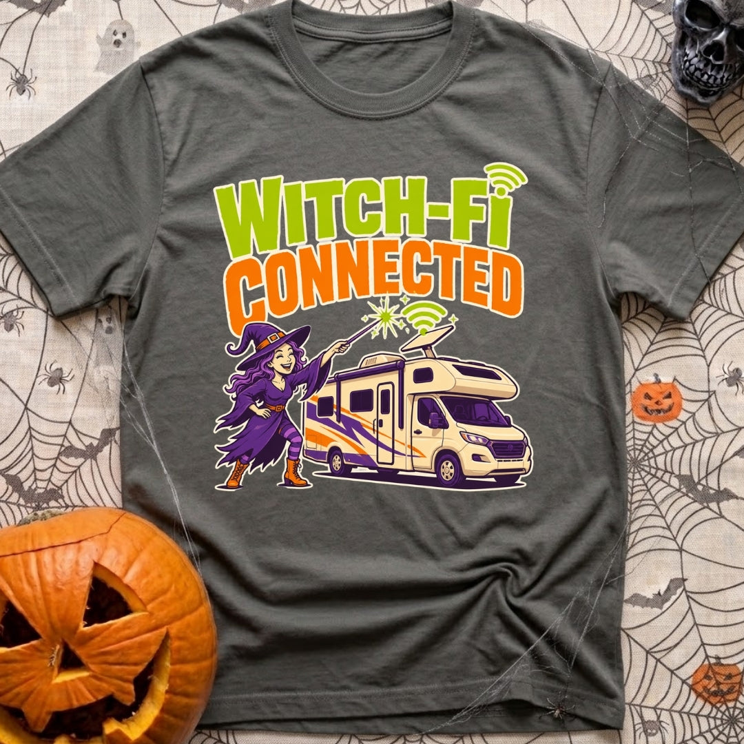 Connected To Witch Fi - T-Shirt in Pepper - A cartoon witch with purple hair, a purple dress, and a pointy hat points a...