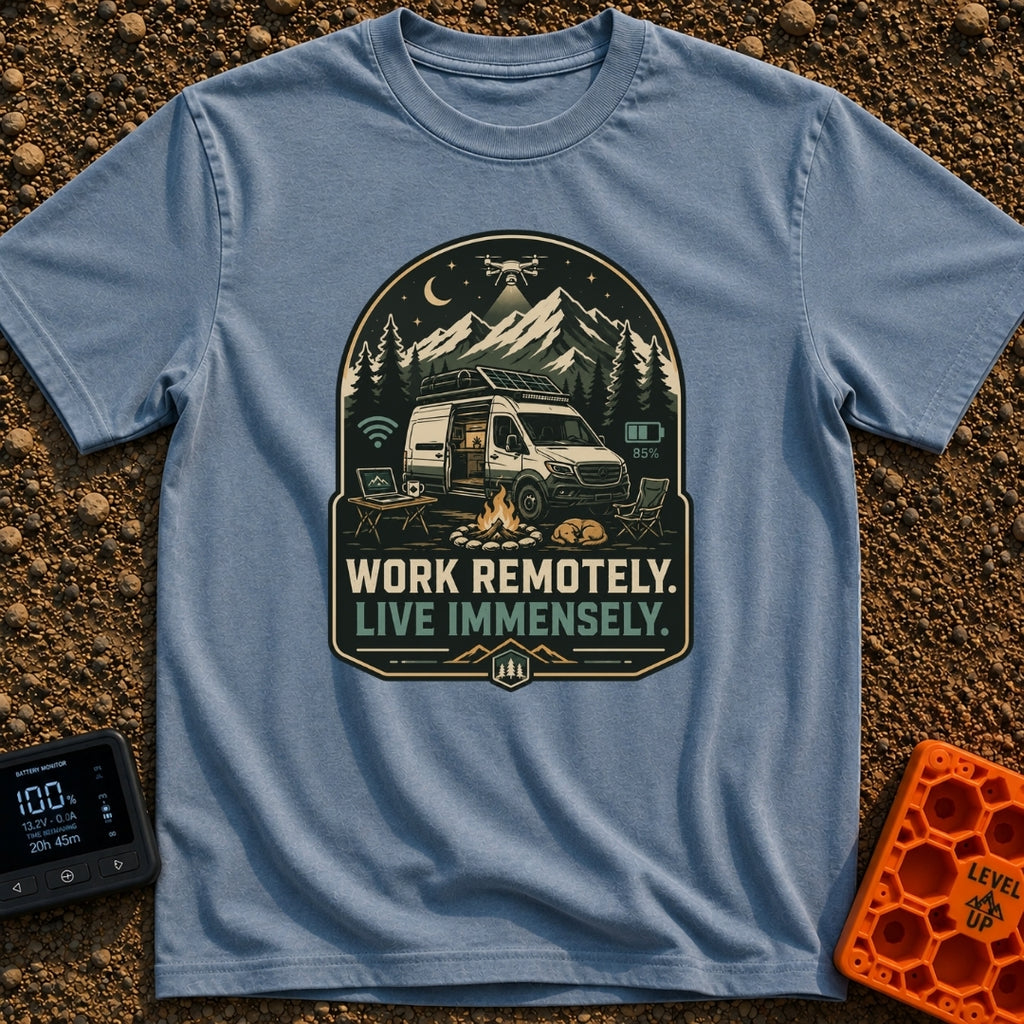 Work Remote Roam Free - T-Shirt in Blue Jean - A camper van is parked at night in front of a mountain range with its side...