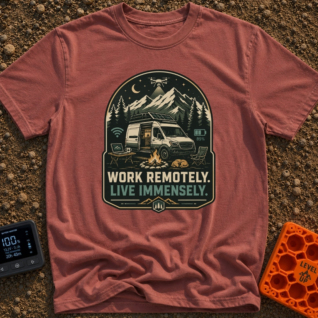 Work Remote Roam Free - T-Shirt in Brick - A camper van is parked at night in front of a mountain range with its side...