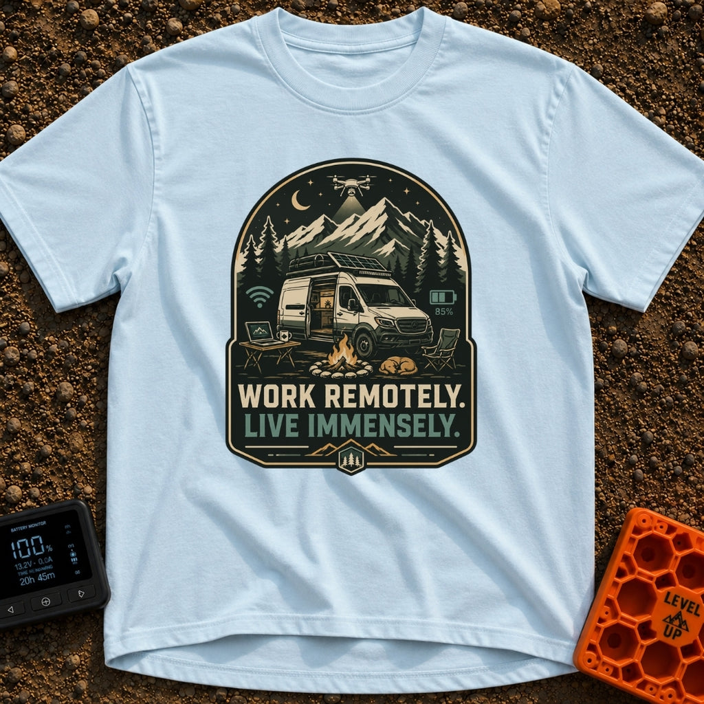 Work Remote Roam Free - T-Shirt in Chambray - A camper van is parked at night in front of a mountain range with its side...