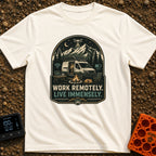 Work Remote Roam Free - T-Shirt in Ivory - A camper van is parked at night in front of a mountain range with its side...