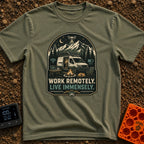 Work Remote Roam Free - T-Shirt in Moss - A camper van is parked at night in front of a mountain range with its side door...