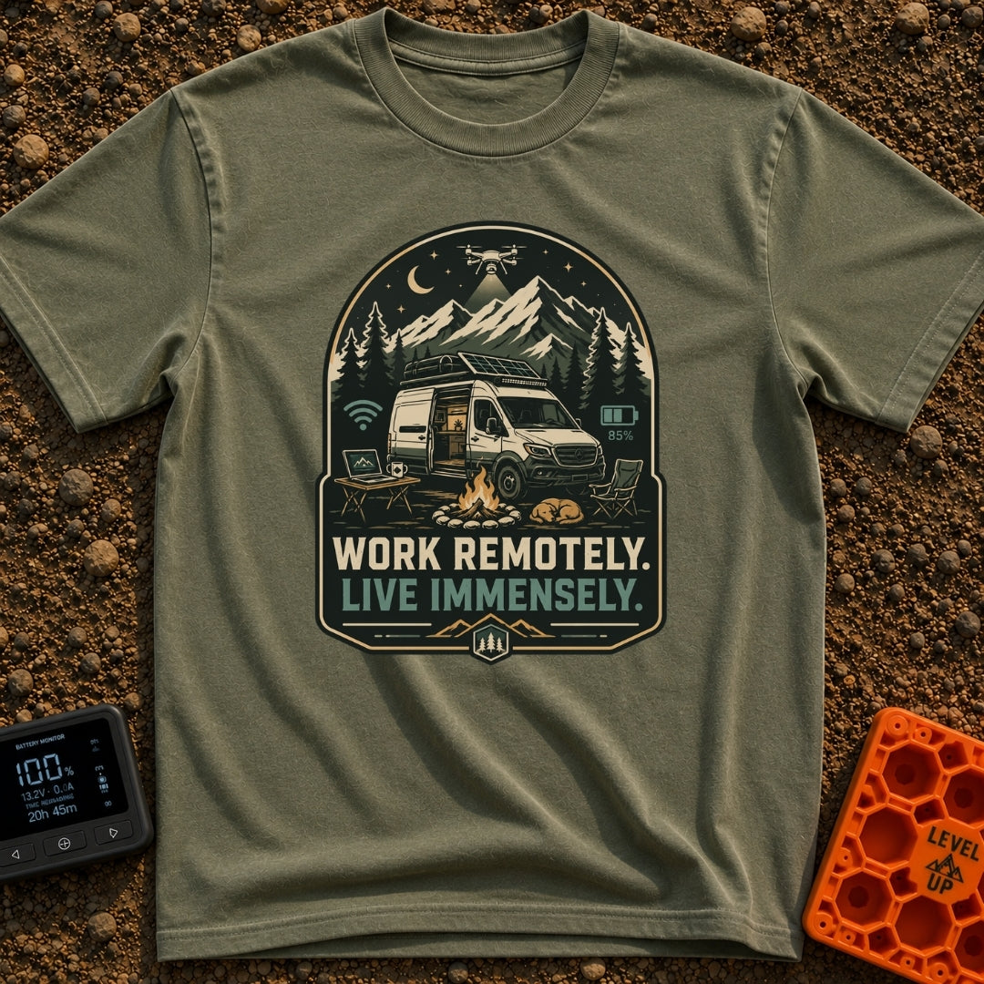 Work Remote Roam Free - T-Shirt in Moss - A camper van is parked at night in front of a mountain range with its side door...