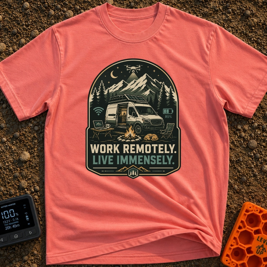 Work Remote Roam Free - T-Shirt in Watermelon - A camper van is parked at night in front of a mountain range with its...