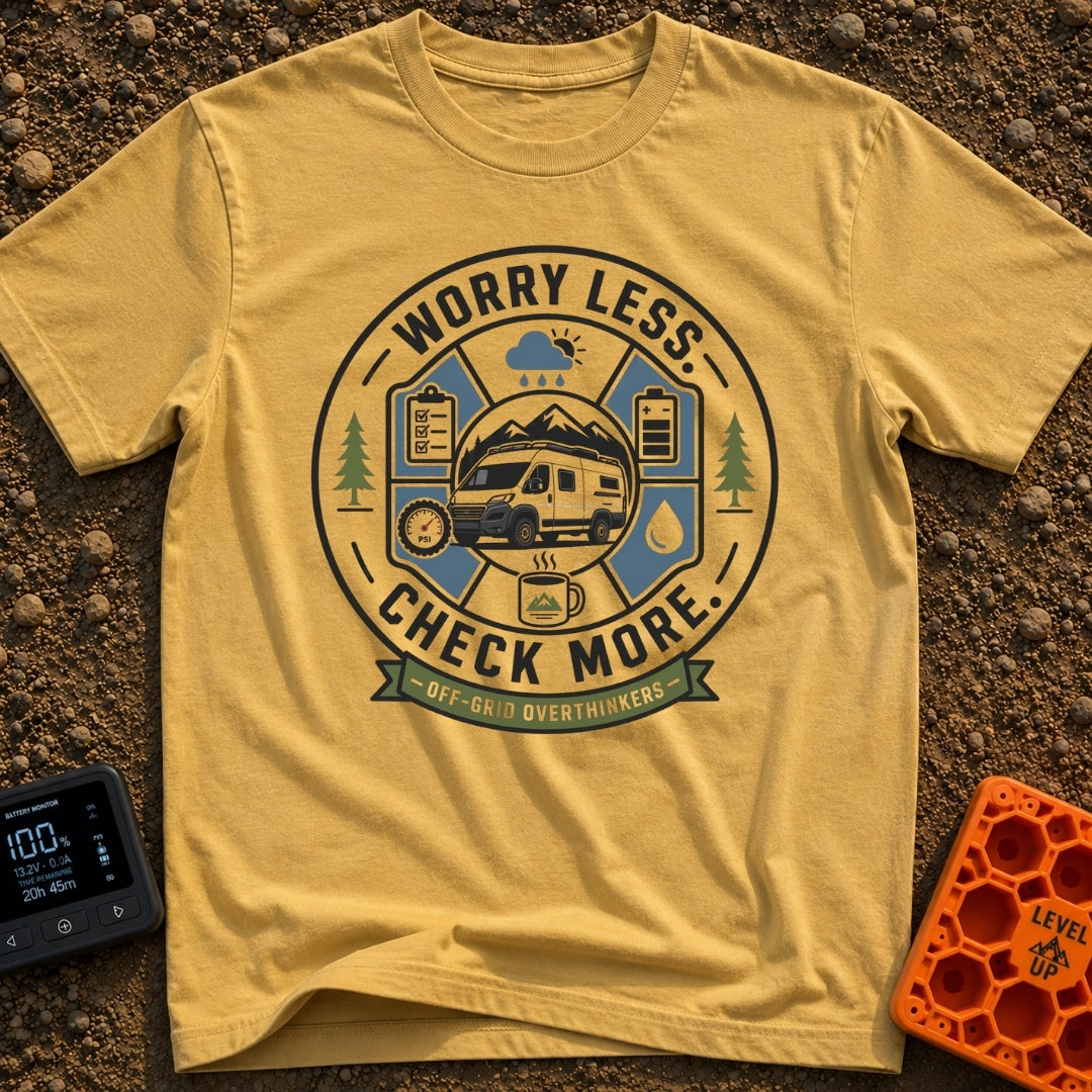 Overthinking Wanderlust Checklist - T-Shirt in Mustard - A circular badge illustration featuring a white camper van...