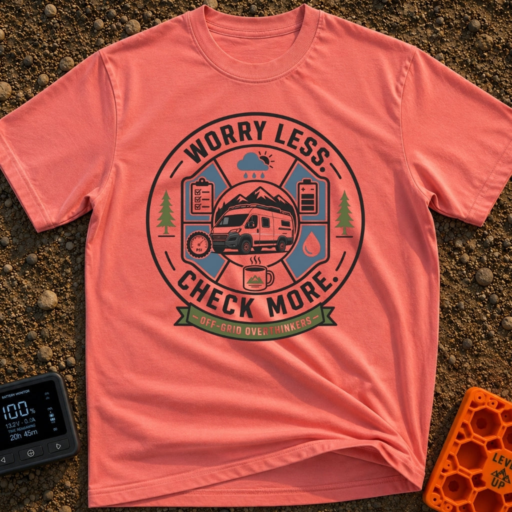 Overthinking Wanderlust Checklist - T-Shirt in Watermelon - A circular badge illustration featuring a white camper van...