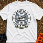 Overthinking Wanderlust Checklist - T-Shirt in White - A circular badge illustration featuring a white camper van parked...