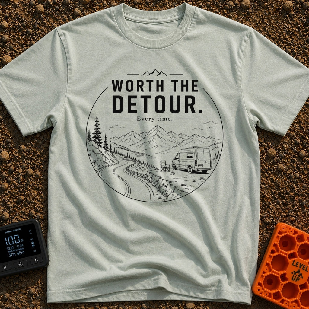 Worth The Detour - T-Shirt in Bay - A black and white line drawing of a camper van parked on a dirt pull-off overlooking...