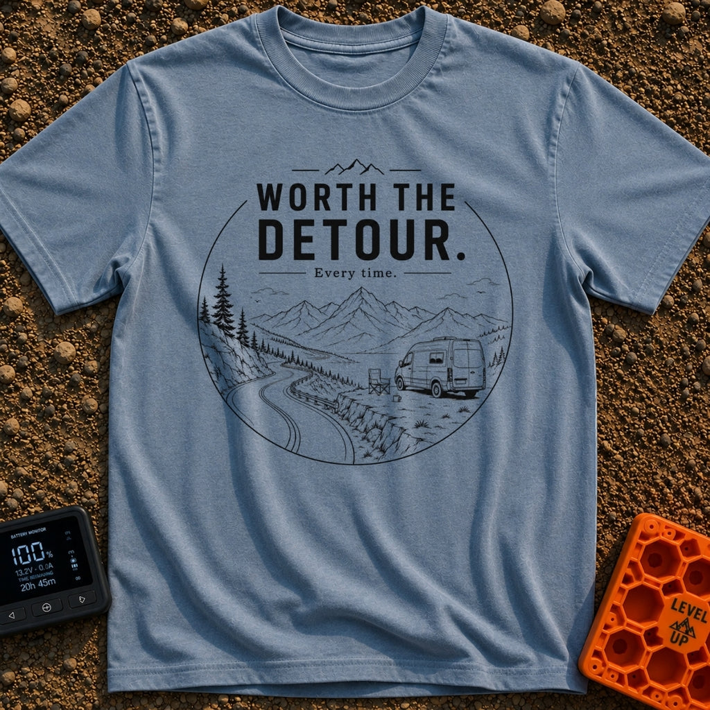 Worth The Detour - T-Shirt in Blue Jean - A black and white line drawing of a camper van parked on a dirt pull-off...