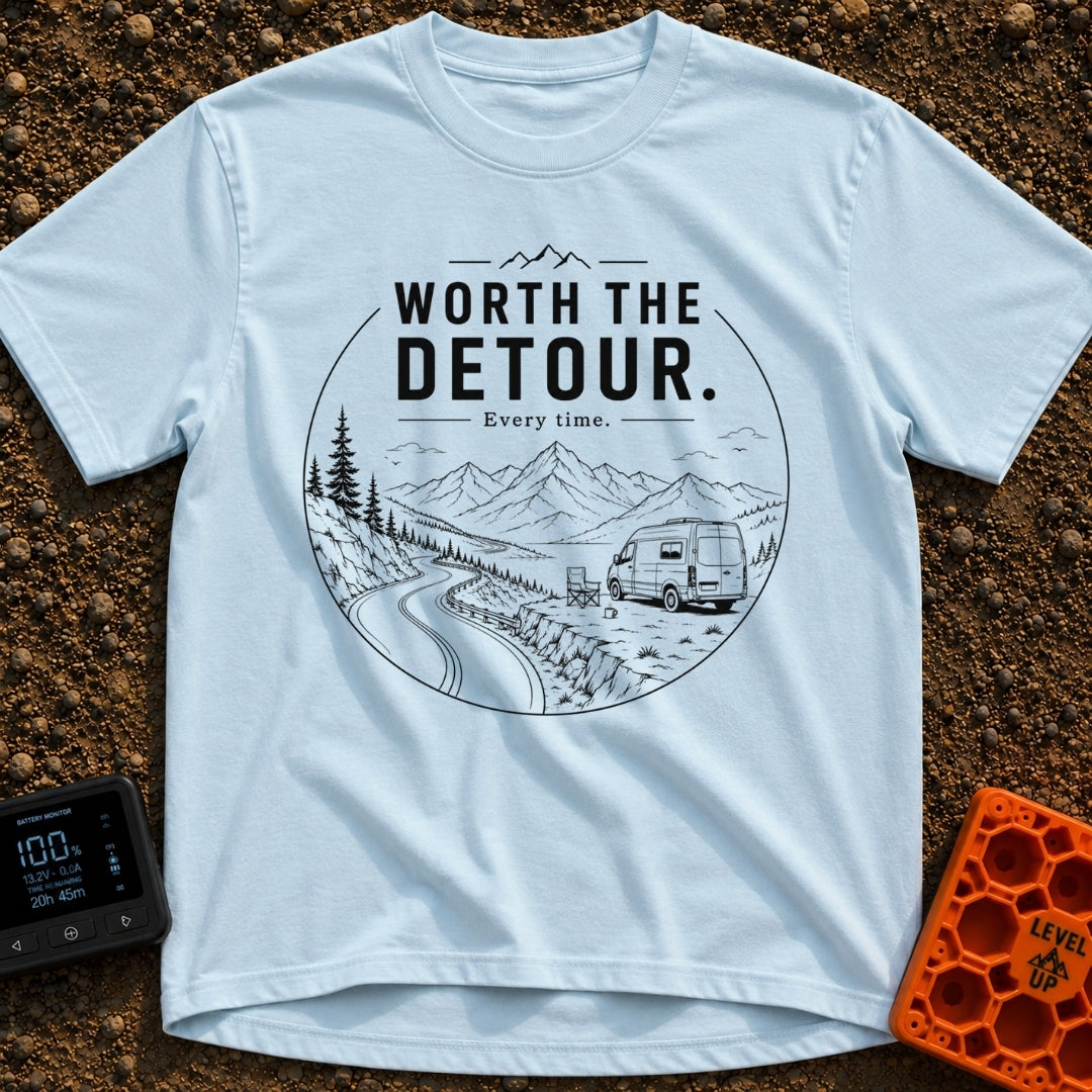Worth The Detour - T-Shirt in Chambray - A black and white line drawing of a camper van parked on a dirt pull-off...