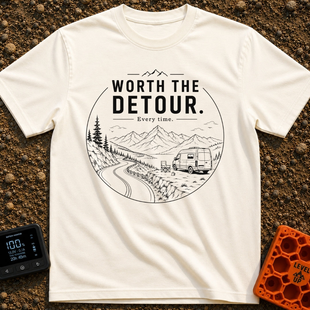 Worth The Detour - T-Shirt in Ivory - A black and white line drawing of a camper van parked on a dirt pull-off...