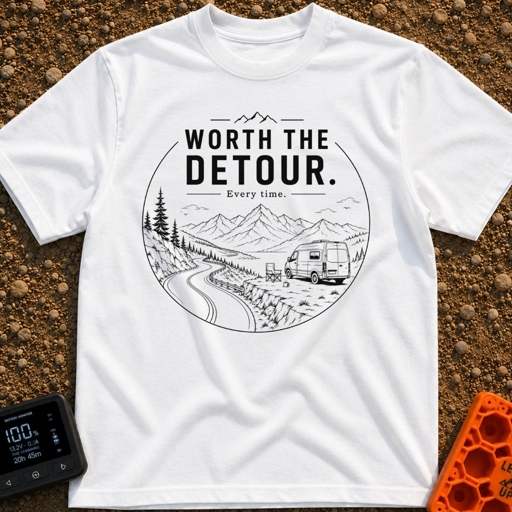 Worth The Detour - T-Shirt in White - A black and white line drawing of a camper van parked on a dirt pull-off...