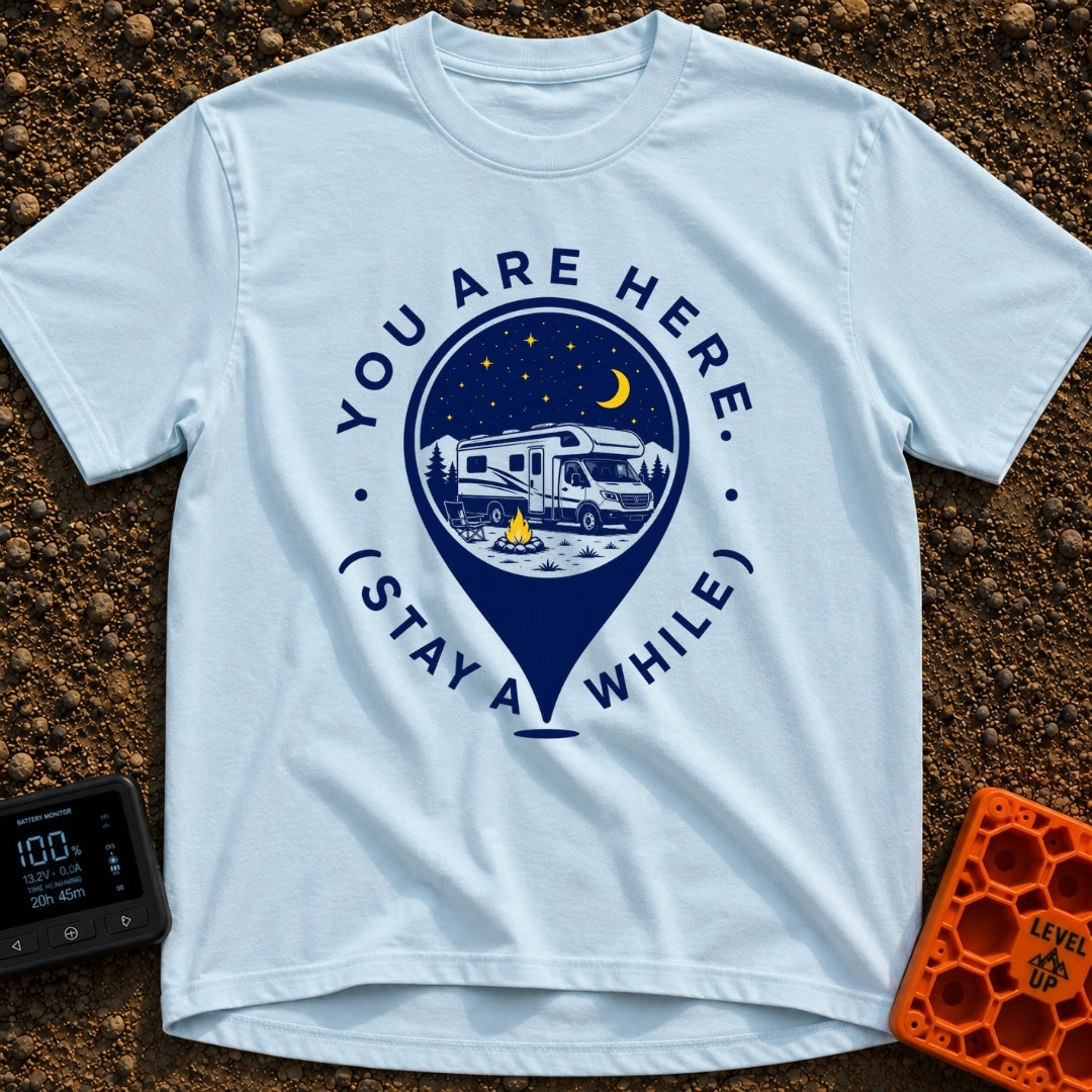 Stay Here A While - T-Shirt in Chambray - A graphic of a large location map pin containing an illustration of an RV...