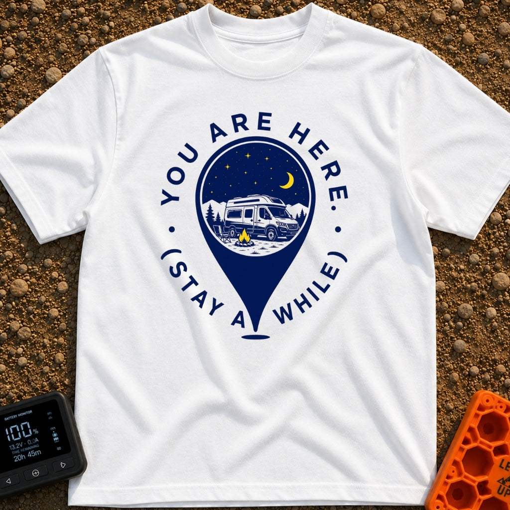 Pin Drop Paradise - T-Shirt in White - A graphic of a large map location pin containing a nighttime scene of a camper van...
