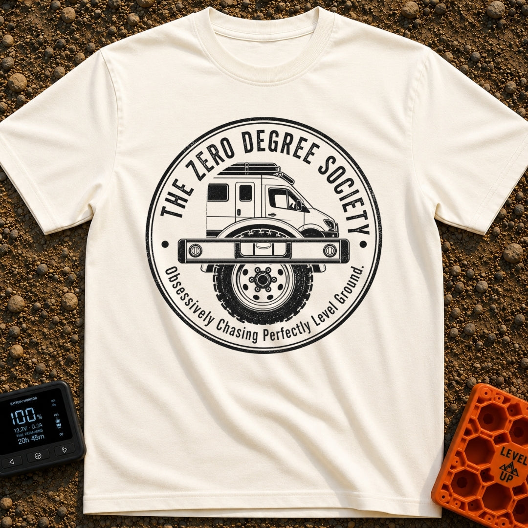 Zero Chill Club - T-Shirt in Ivory - A circular badge illustration showing the front half of a camper van and a large...