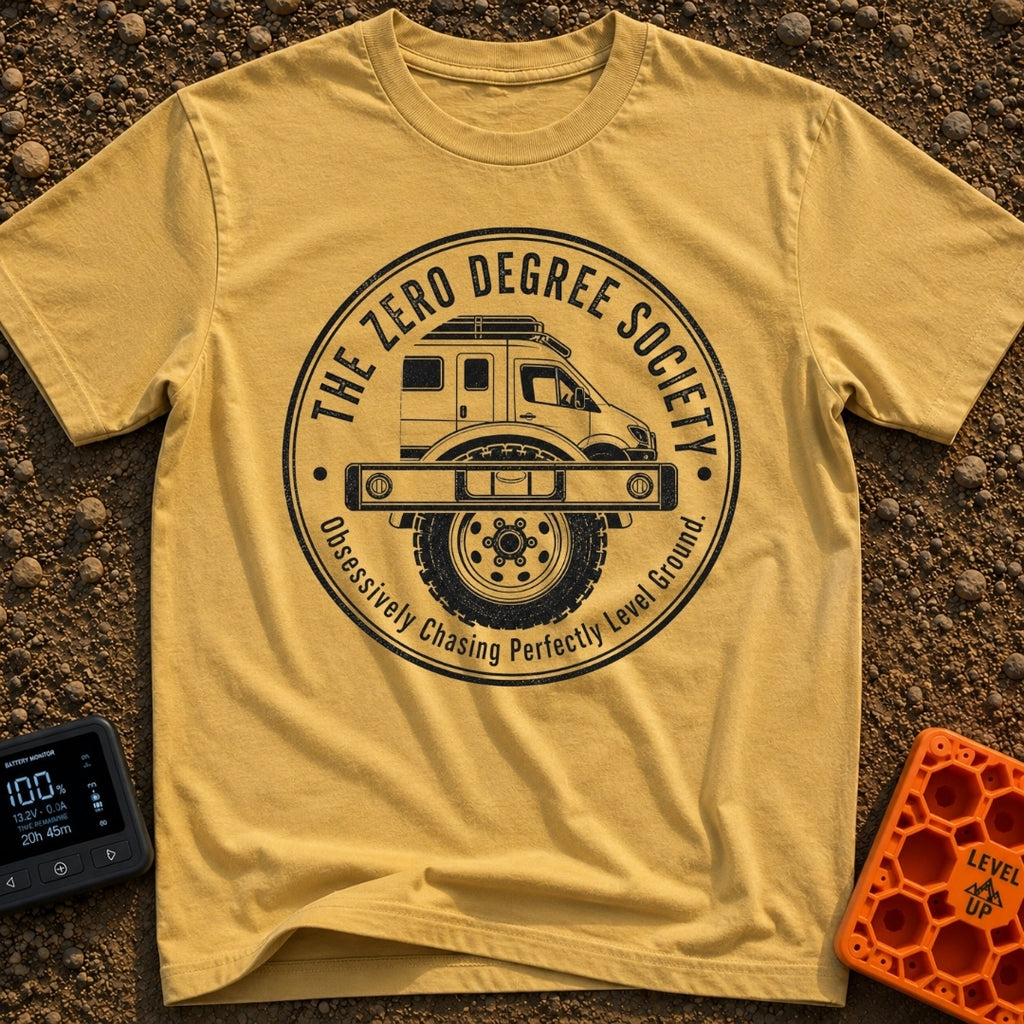 Zero Chill Club - T-Shirt in Mustard - A circular badge illustration showing the front half of a camper van and a large...