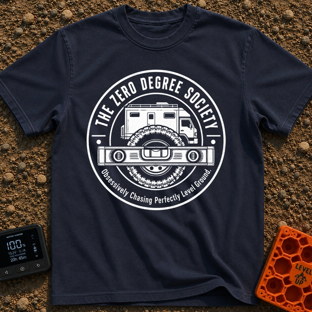 Zero Chill Club - T-Shirt in Navy - A circular badge illustration showing the front half of a camper van and a large...