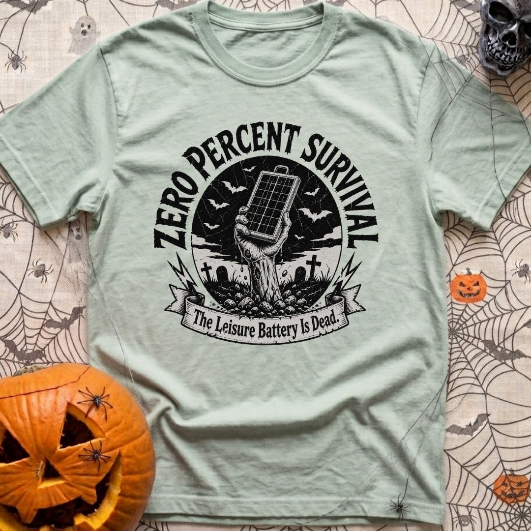 Zero Survival Skills - T-Shirt in Bay - A black and white illustration of a zombie hand rising from a dirt grave in a...