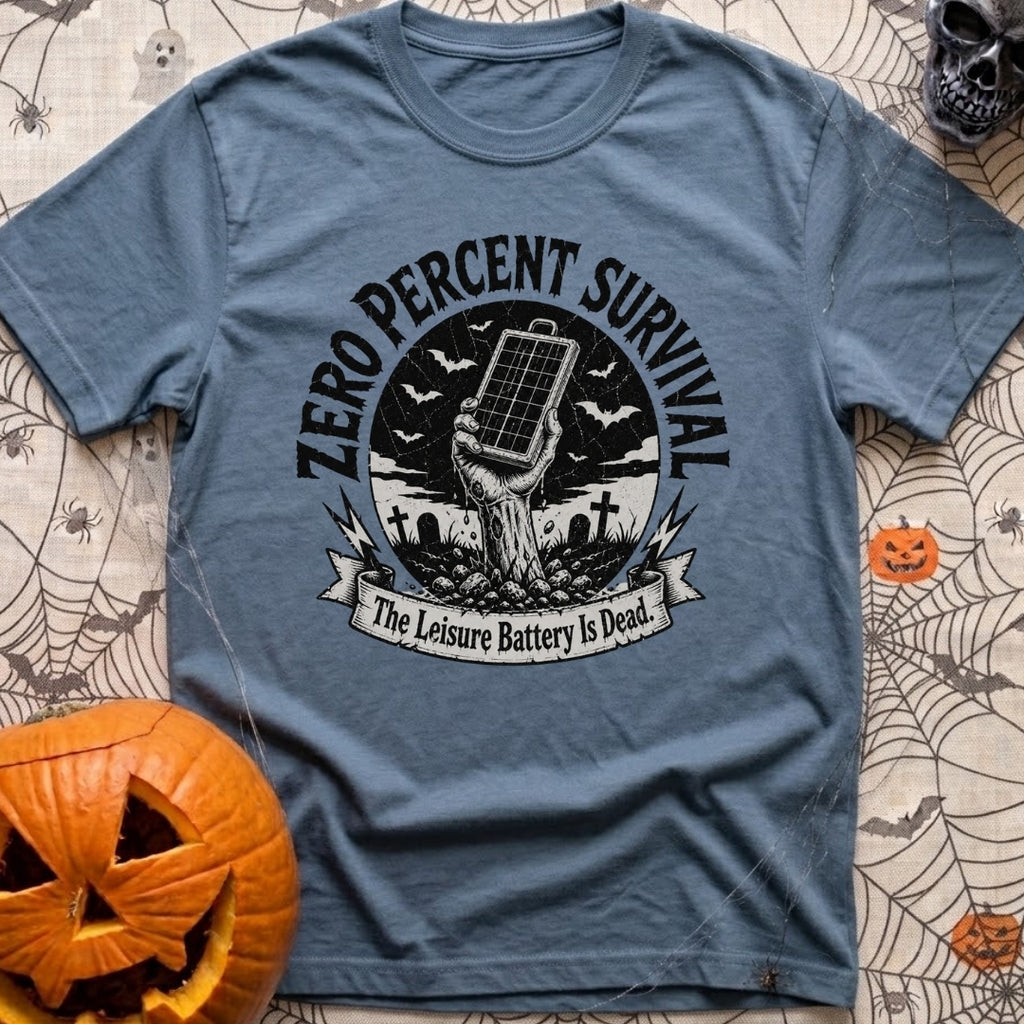 Zero Survival Skills - T-Shirt in Blue Jean - A black and white illustration of a zombie hand rising from a dirt grave in...