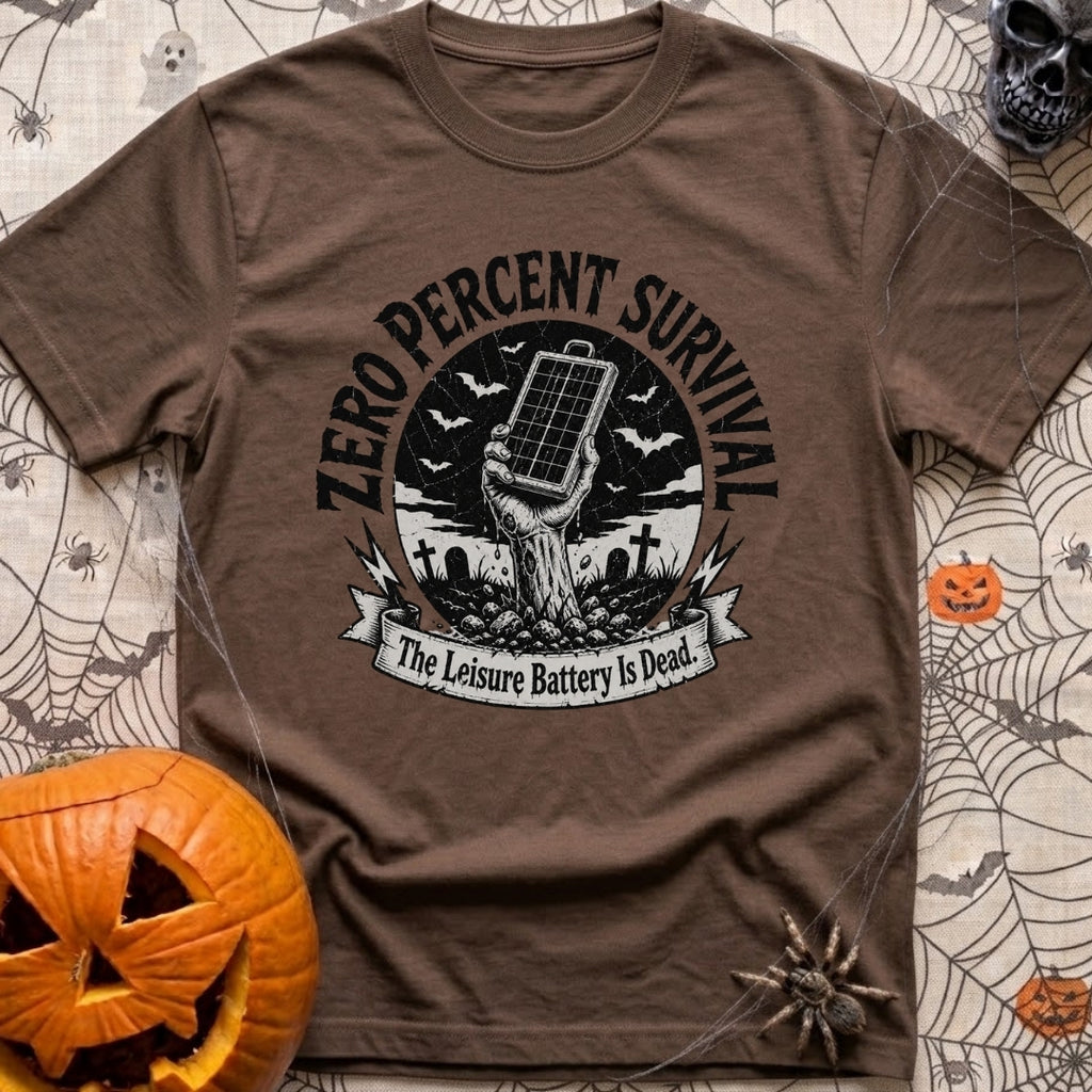Zero Survival Skills - T-Shirt in Espresso - A black and white illustration of a zombie hand rising from a dirt grave in...