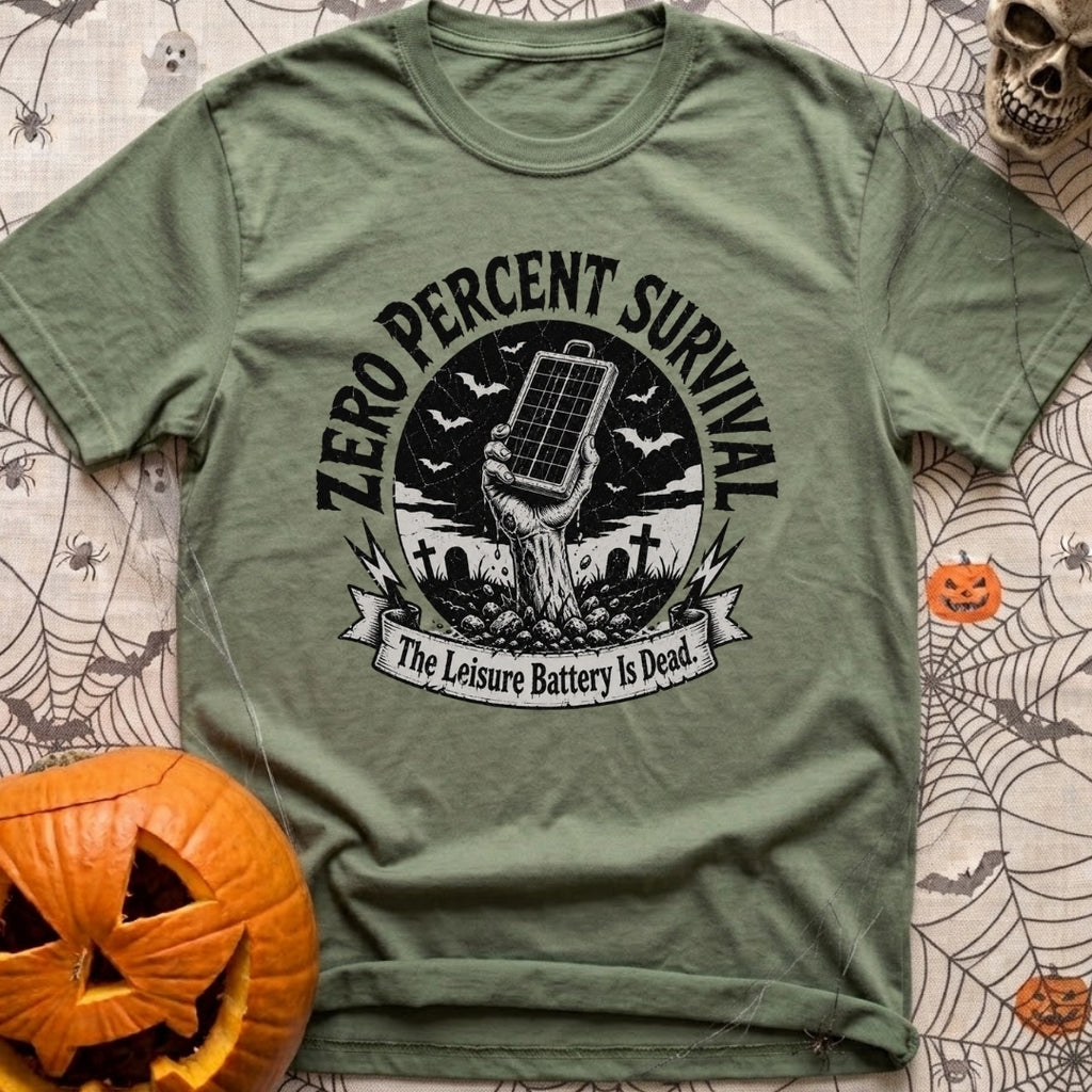 Zero Survival Skills - T-Shirt in Moss - A black and white illustration of a zombie hand rising from a dirt grave in a...