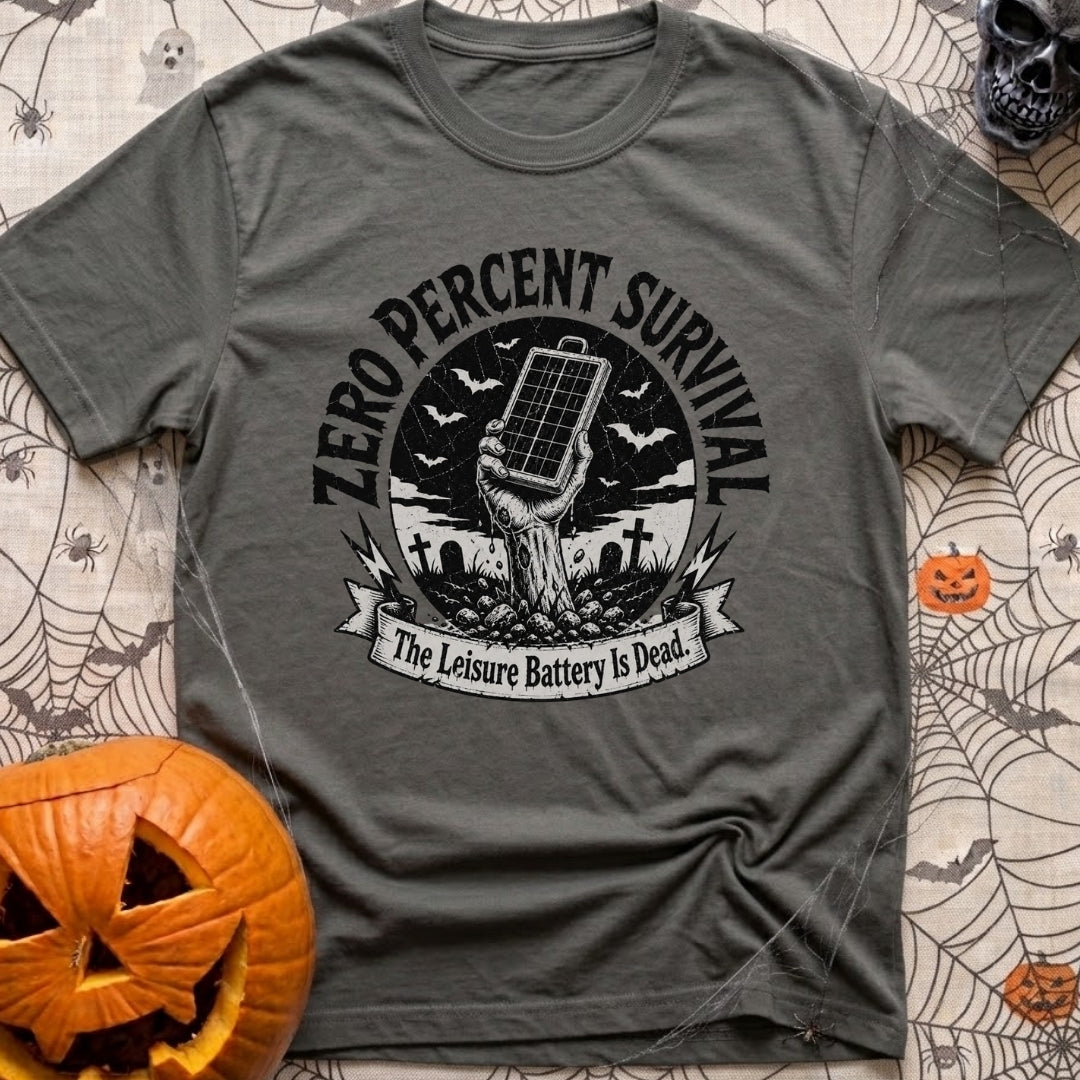 Zero Survival Skills - T-Shirt in Pepper - A black and white illustration of a zombie hand rising from a dirt grave in a...