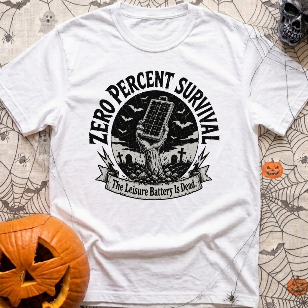 Zero Survival Skills - T-Shirt in White - A black and white illustration of a zombie hand rising from a dirt grave in a...