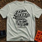Zero To Sixty Maybe - T-Shirt in Bay - A black and white illustration of a heavily loaded Class C motorhome driving along...