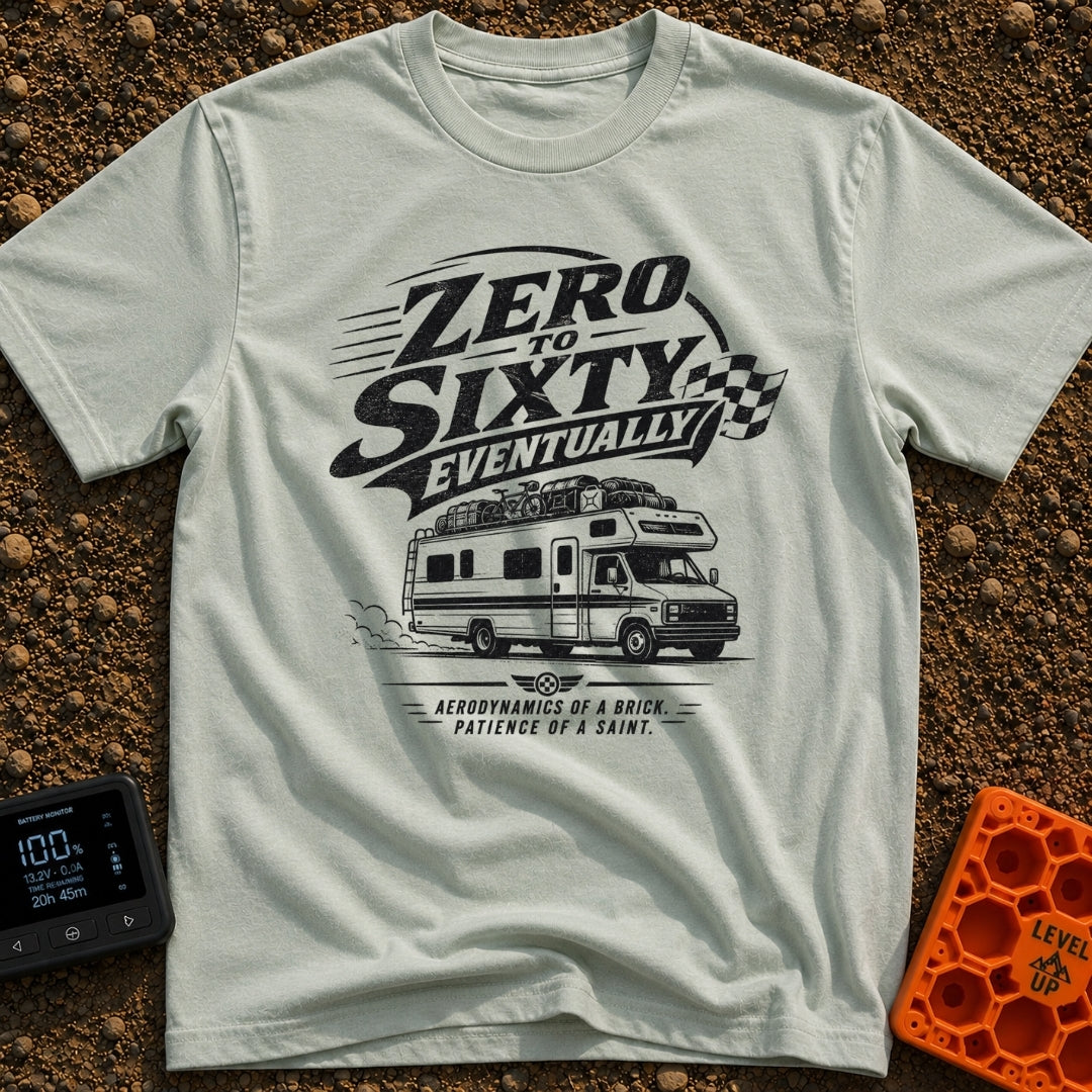Zero To Sixty Maybe - T-Shirt in Bay - A black and white illustration of a heavily loaded Class C motorhome driving along...
