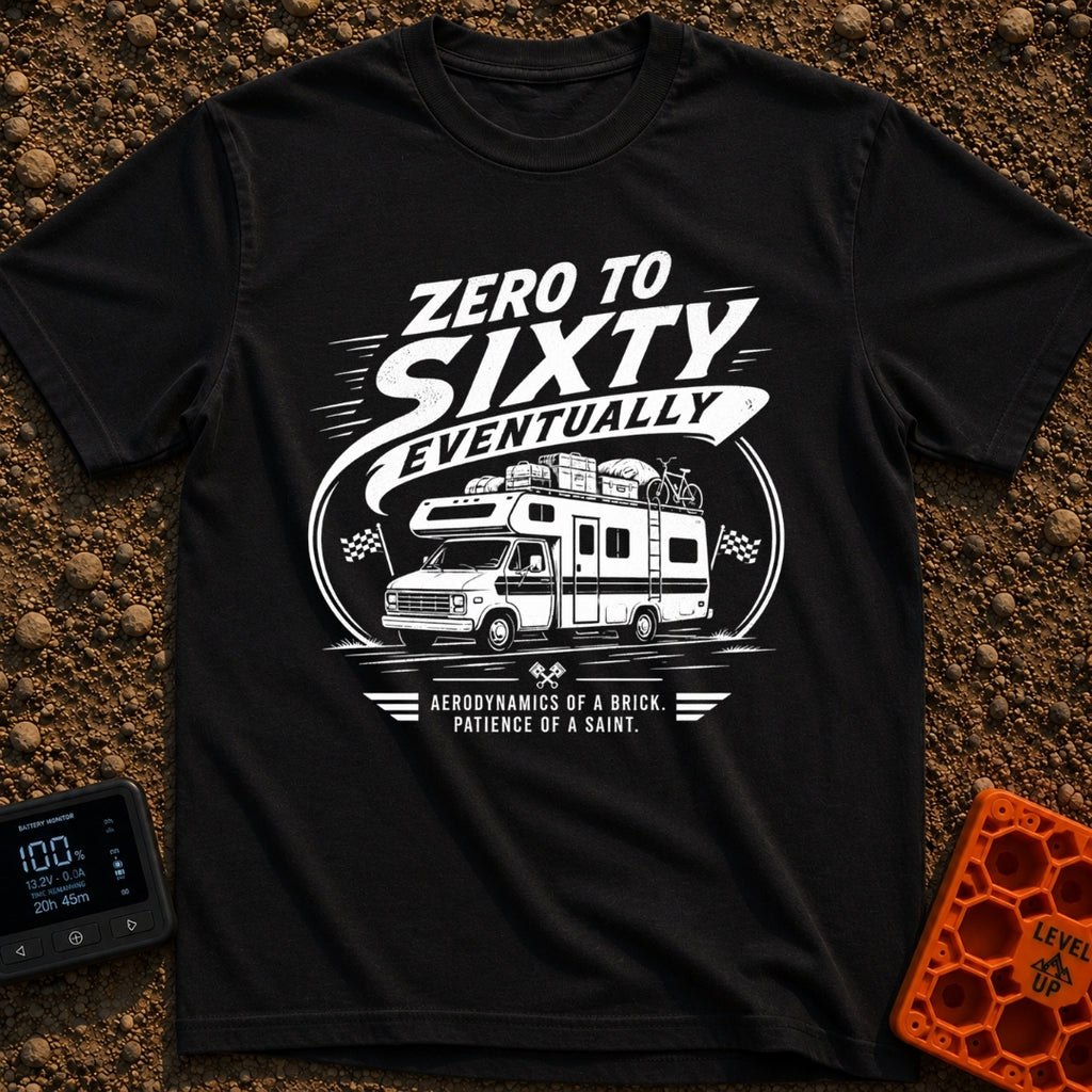 Zero To Sixty Maybe - T-Shirt in Black - A black and white illustration of a heavily loaded Class C motorhome driving...