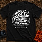Zero To Sixty Maybe - T-Shirt in Black - A black and white illustration of a heavily loaded Class C motorhome driving...