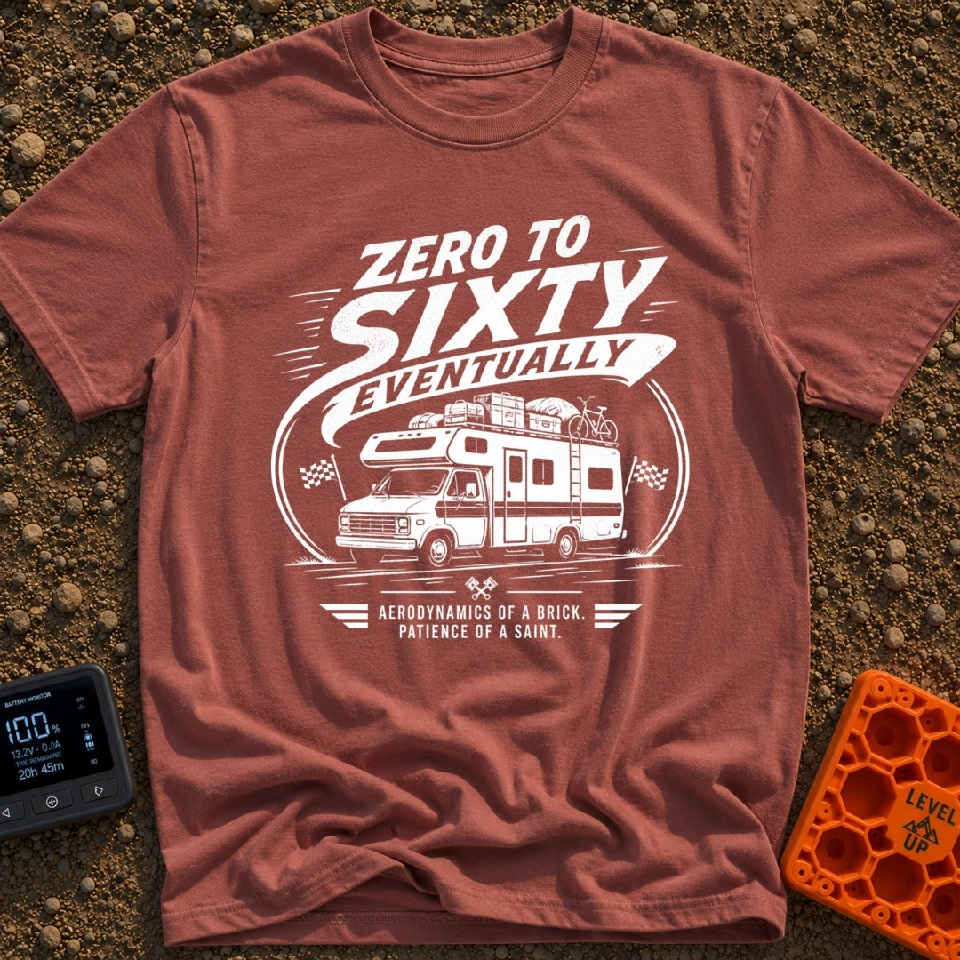 Zero To Sixty Maybe - T-Shirt in Brick - A black and white illustration of a heavily loaded Class C motorhome driving...