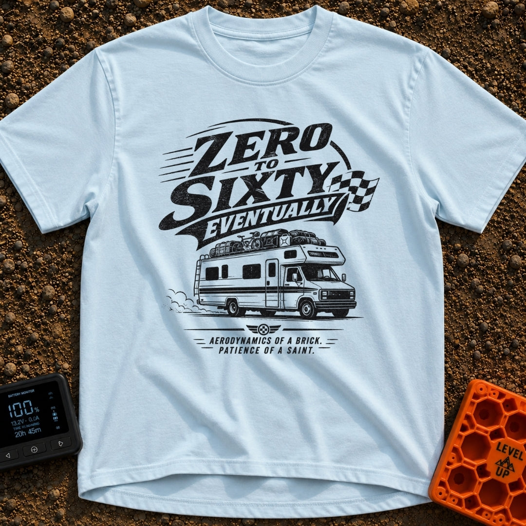 Zero To Sixty Maybe - T-Shirt in Chambray - A black and white illustration of a heavily loaded Class C motorhome driving...