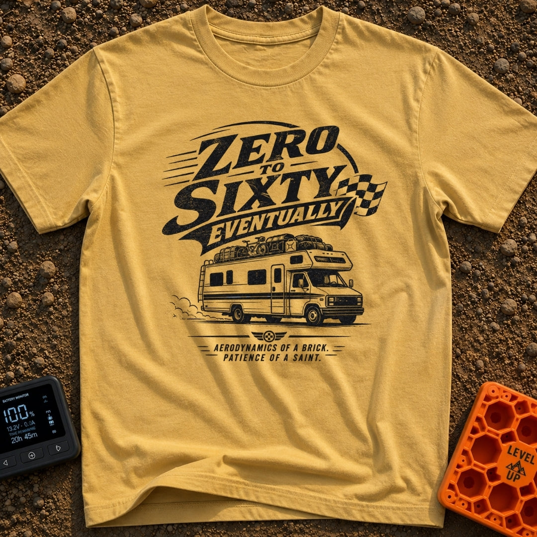 Zero To Sixty Maybe - T-Shirt in Mustard - A black and white illustration of a heavily loaded Class C motorhome driving...