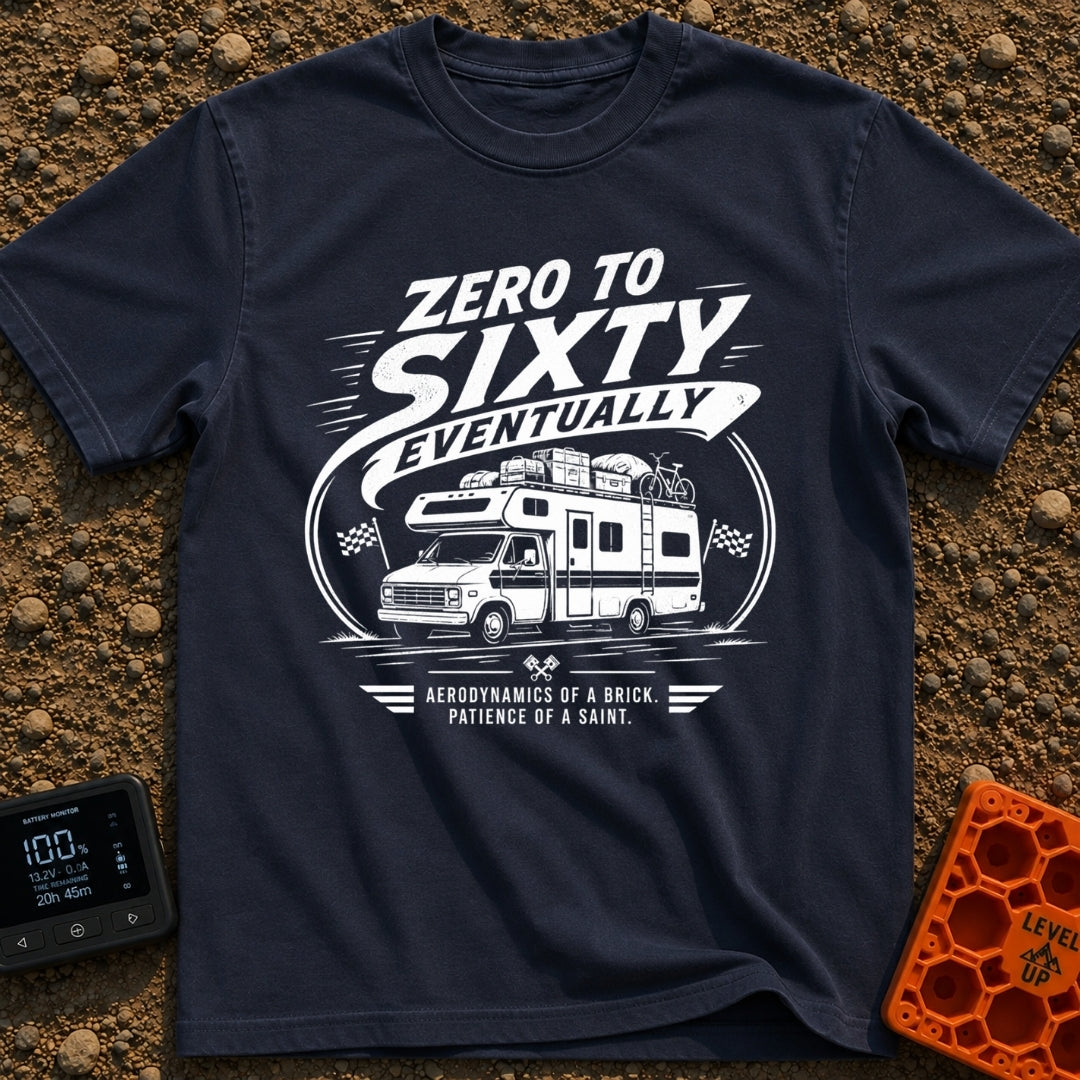 Zero To Sixty Maybe - T-Shirt in Navy - A black and white illustration of a heavily loaded Class C motorhome driving...