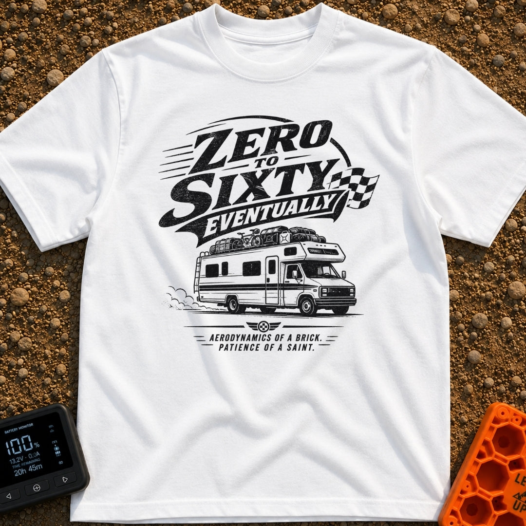 Zero To Sixty Maybe - T-Shirt in White - A black and white illustration of a heavily loaded Class C motorhome driving...