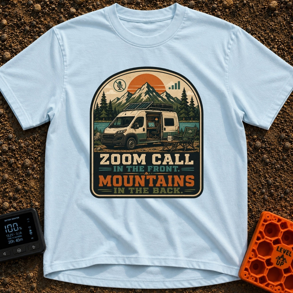 Zoom Front Mountains Back - T-Shirt in Chambray - A camper van with an open side door revealing a mobile office setup...