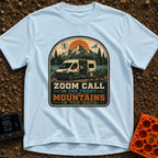Zoom Front Mountains Back - T-Shirt in Chambray - A camper van with an open side door revealing a mobile office setup...