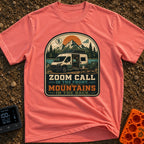 Zoom Front Mountains Back - T-Shirt in Watermelon - A camper van with an open side door revealing a mobile office setup...
