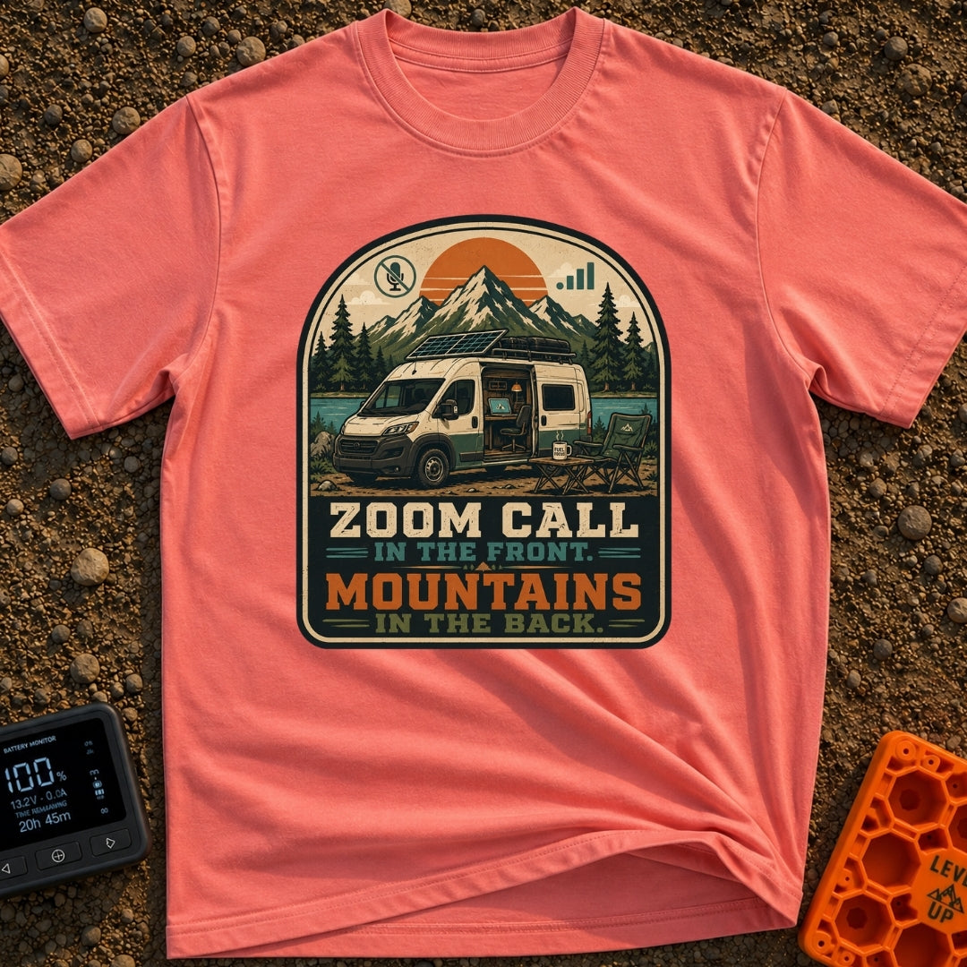 Zoom Front Mountains Back - T-Shirt in Watermelon - A camper van with an open side door revealing a mobile office setup...
