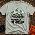 Mountains Meet Meetings - T-Shirt in Bay - A green and white camper van is parked in front of large mountain peaks, with...