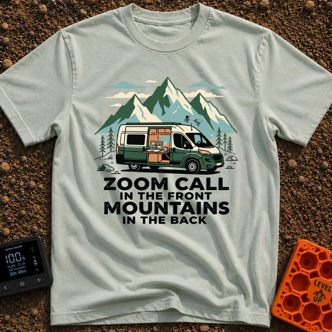 Mountains Meet Meetings - T-Shirt in Bay - A green and white camper van is parked in front of large mountain peaks, with...