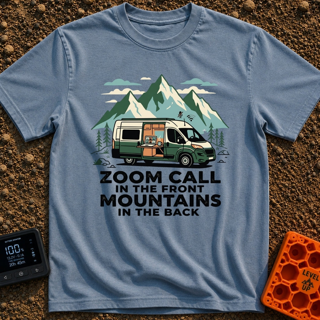 Mountains Meet Meetings - T-Shirt in Blue Jean - A green and white camper van is parked in front of large mountain peaks,...