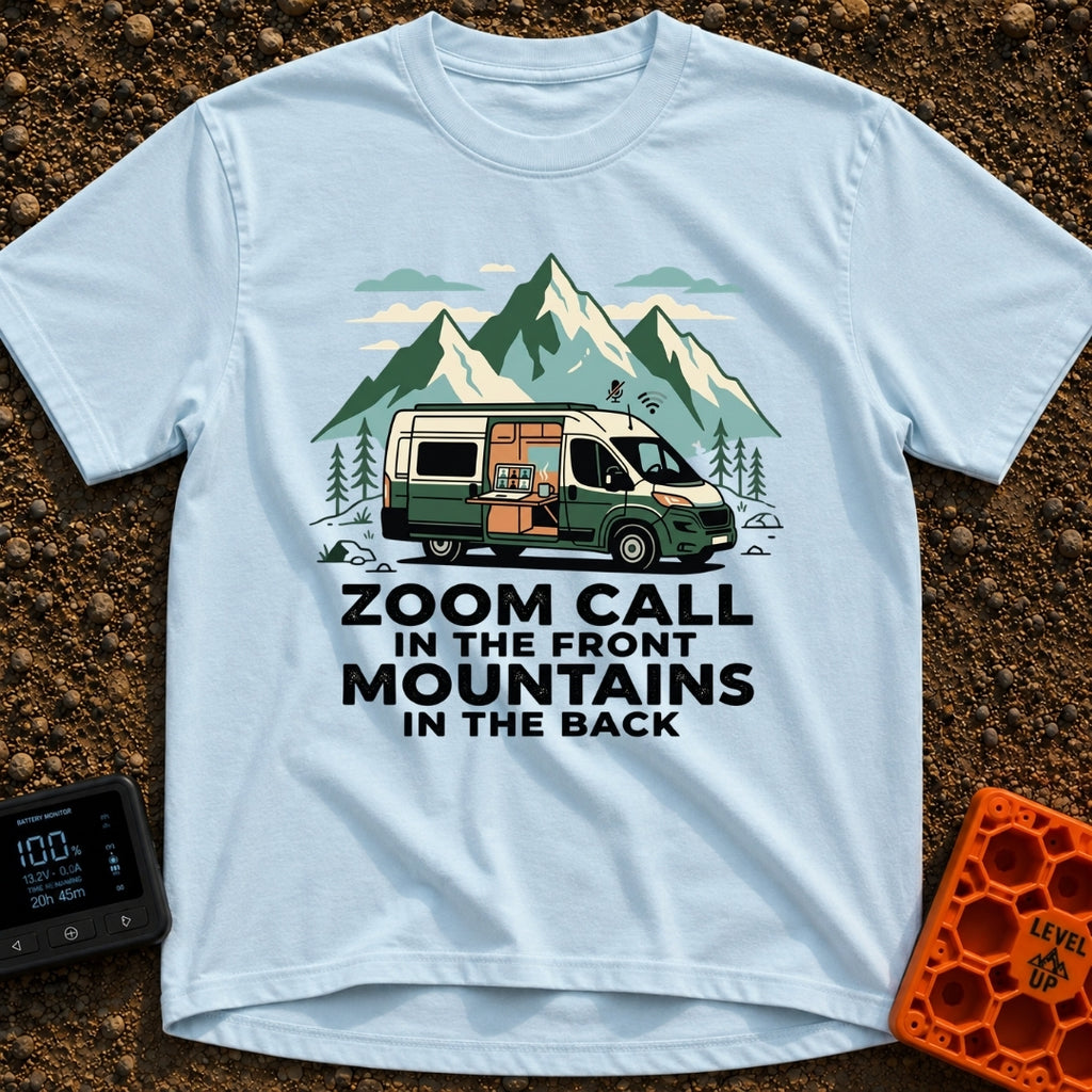 Mountains Meet Meetings - T-Shirt in Chambray - A green and white camper van is parked in front of large mountain peaks,...
